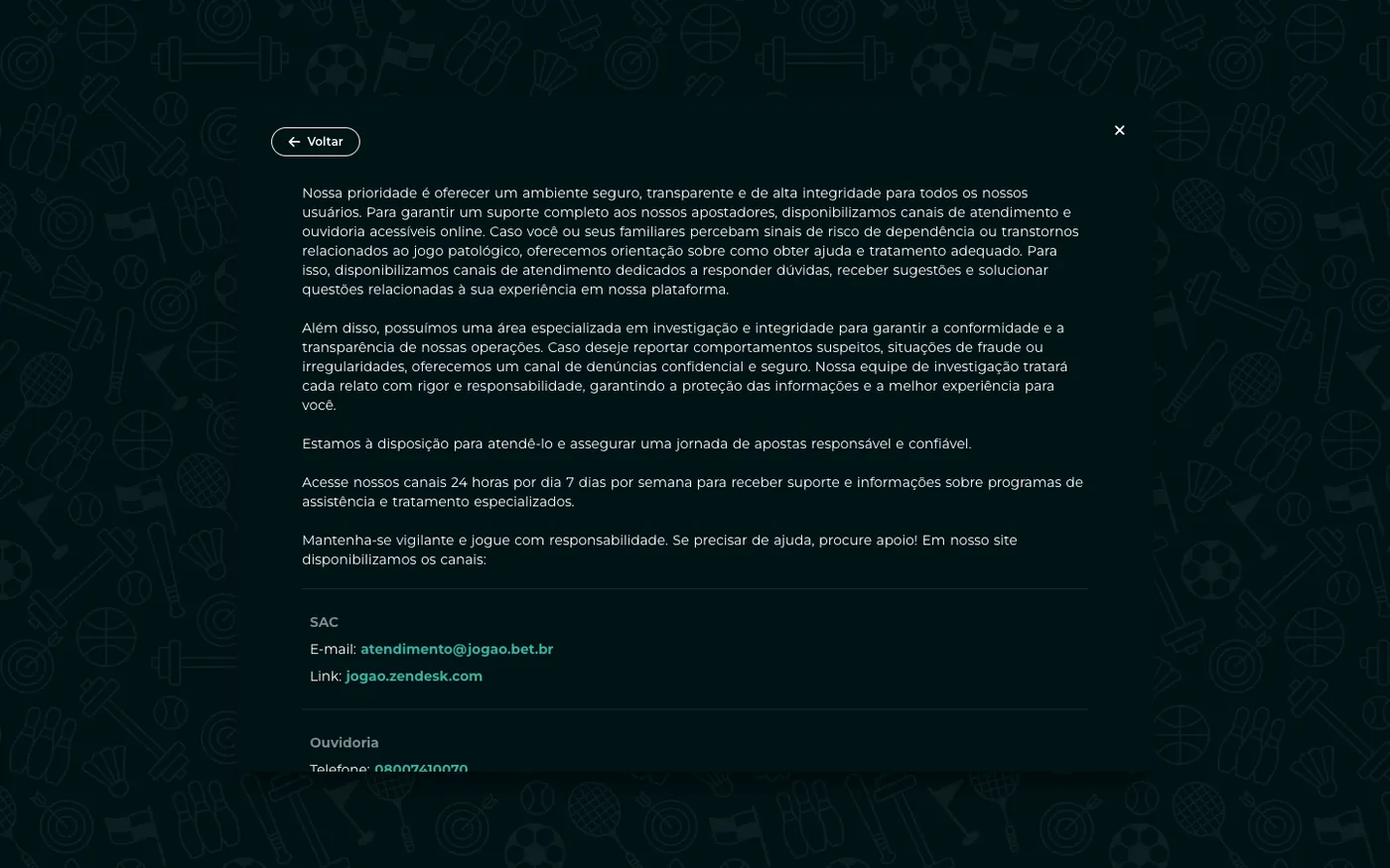 Central de ajuda da Jogão no computador, com os contatos do SAC e o telefone da ouvidoria