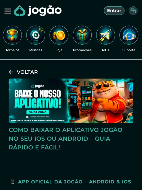 Página da Jogão com os links do app oficial para Android e iOS