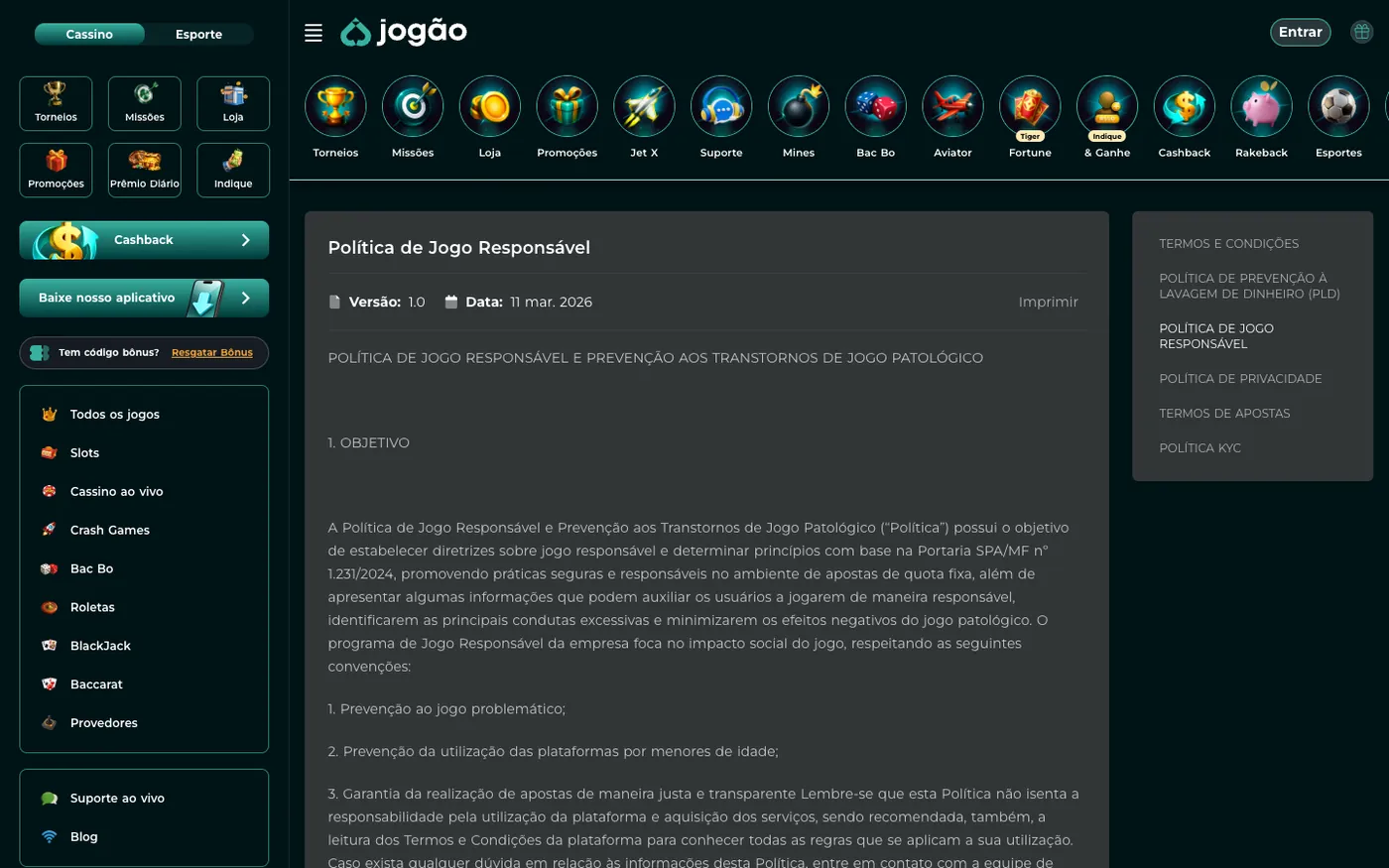 Página oficial “Política de Jogo Responsável” da Jogão, versão 1.0 de 11 de março de 2026