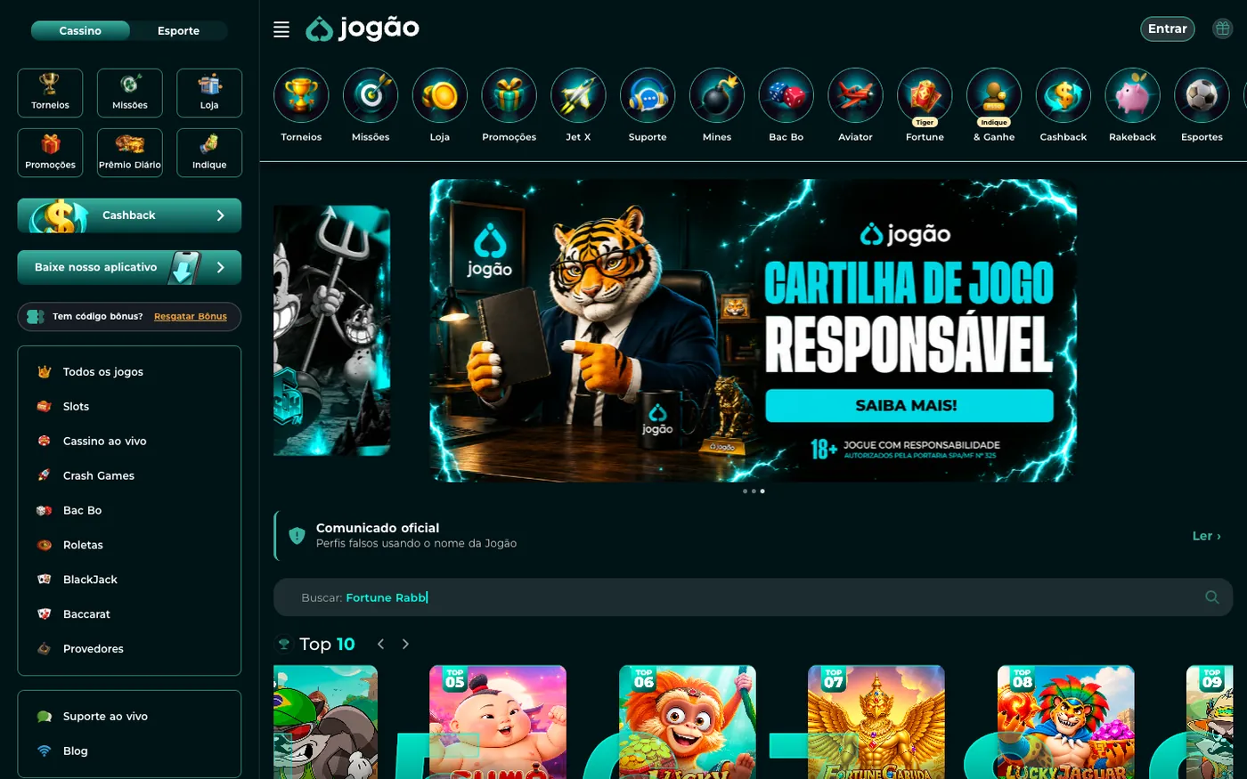 Página inicial da Jogão no computador com o lobby de jogos