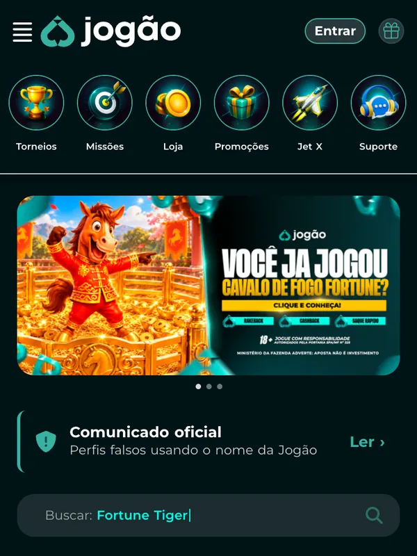 Lobby da Jogão no celular, com aviso sobre perfis falsos usando o nome da marca