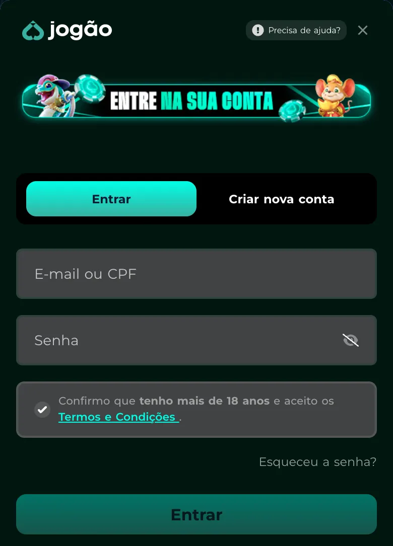 Tela de login da Jogão no celular, com e-mail ou CPF, senha e o botão Precisa de ajuda