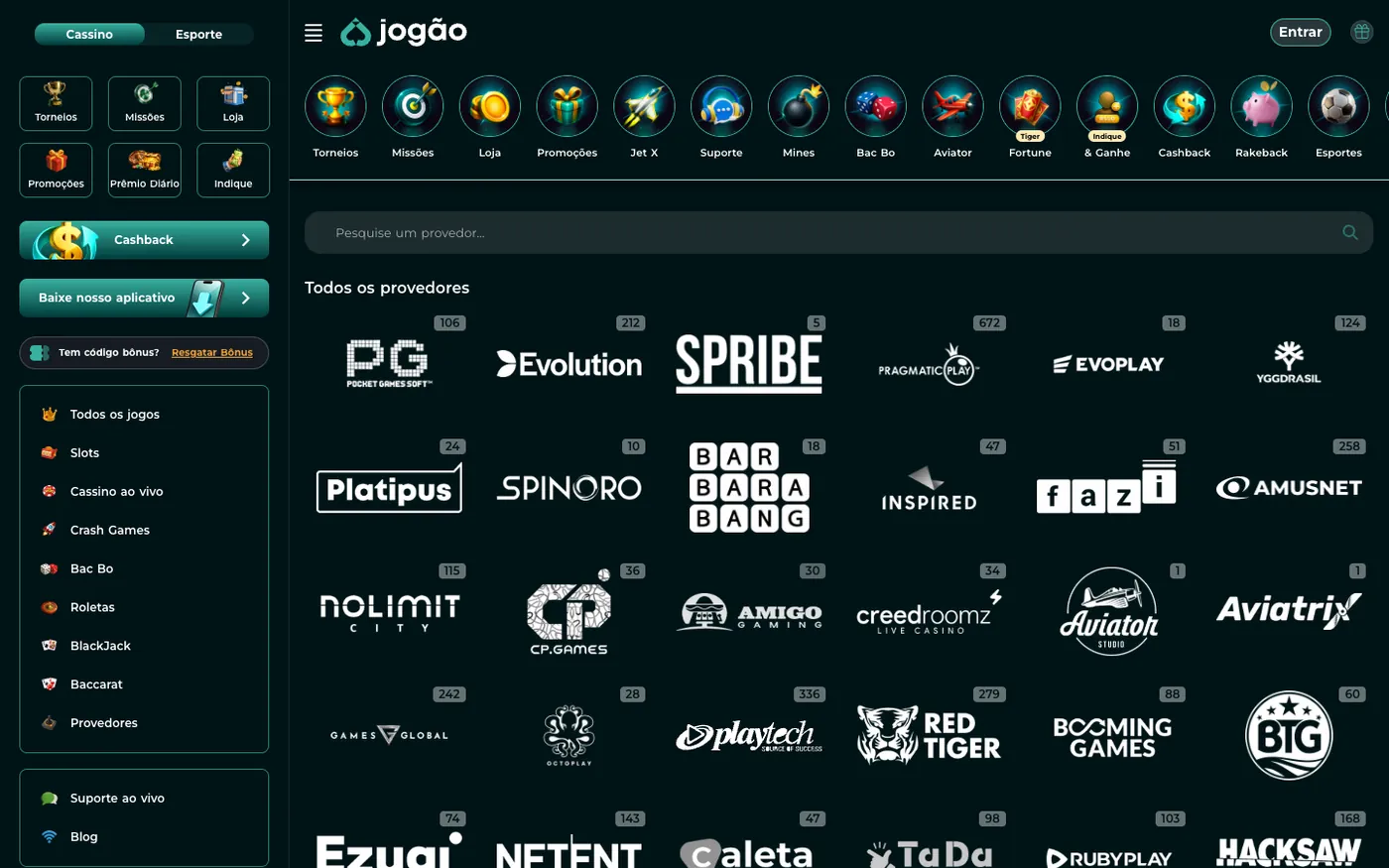 Página de provedores da Jogão no computador, com os logos de PG Soft, Evolution, Spribe, Pragmatic Play e outros estúdios